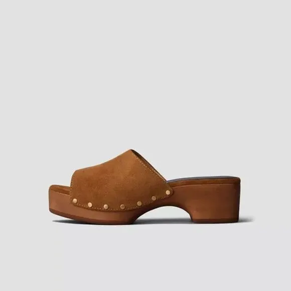 Rag &amp; Bone Mara Open Toe Studded Platform Clogs in Tobacco Suede size 37 US 7