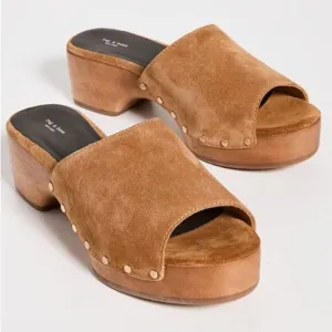 Rag &amp; Bone Mara Open Toe Studded Platform Clogs in Tobacco Suede size 37 US 7