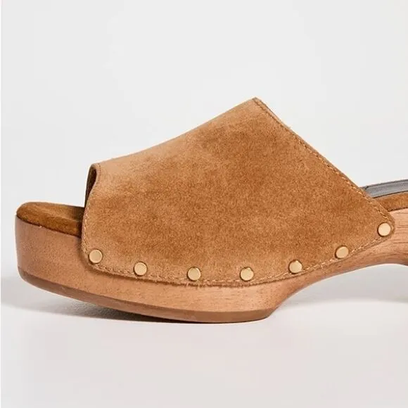 Rag &amp; Bone Mara Open Toe Studded Platform Clogs in Tobacco Suede size 37 US 7