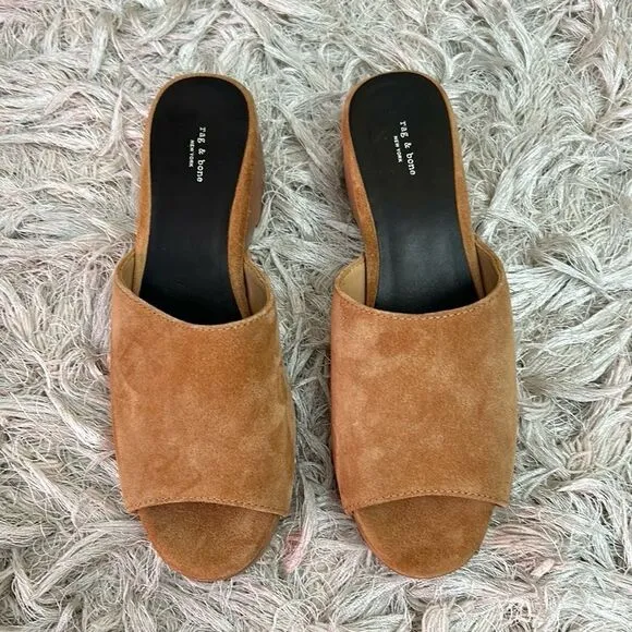 Rag &amp; Bone Mara Open Toe Studded Platform Clogs in Tobacco Suede size 37 US 7