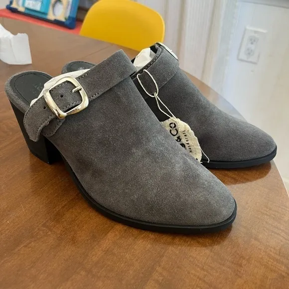 Rag &amp; Co TARRAH Grey Stacked Heel Mules With Adjustable Buckle