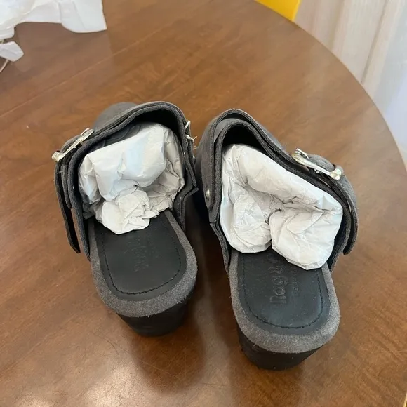 Rag &amp; Co TARRAH Grey Stacked Heel Mules With Adjustable Buckle