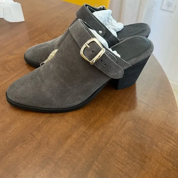 Rag &amp; Co TARRAH Grey Stacked Heel Mules With Adjustable Buckle