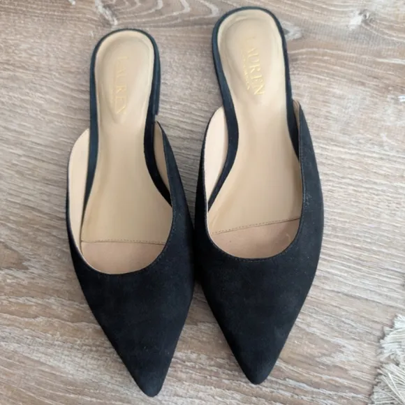 Ralph Lauren Londyn Black Suede Pointed Toe Mules Flats Size 7.5 Leather Slip On
