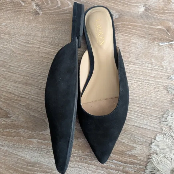 Ralph Lauren Londyn Black Suede Pointed Toe Mules Flats Size 7.5 Leather Slip On