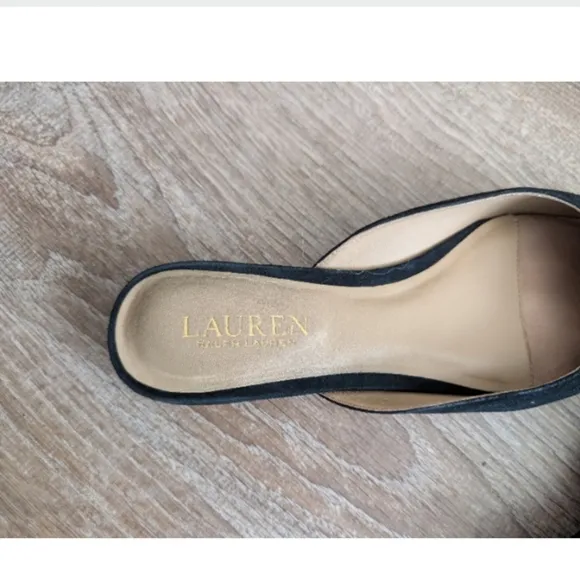 Ralph Lauren Londyn Black Suede Pointed Toe Mules Flats Size 7.5 Leather Slip On