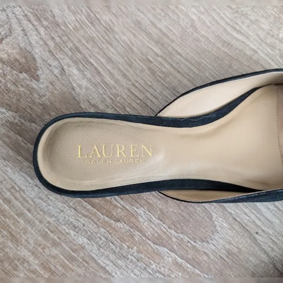 Ralph Lauren Londyn Black Suede Pointed Toe Mules Flats Size 7.5 Leather Slip On