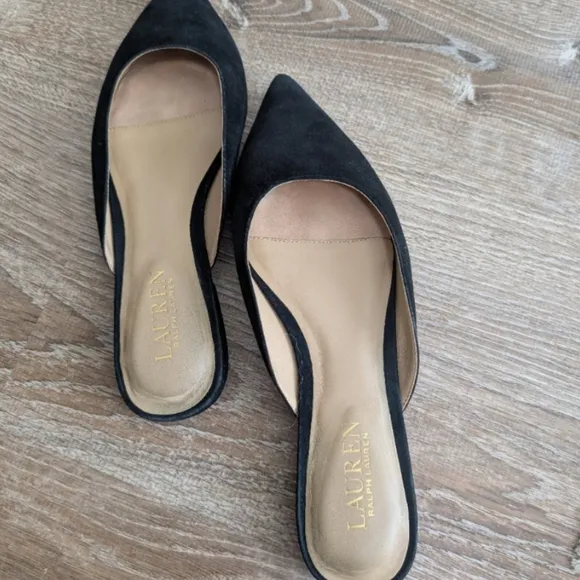 Ralph Lauren Londyn Black Suede Pointed Toe Mules Flats Size 7.5 Leather Slip On
