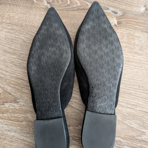 Ralph Lauren Londyn Black Suede Pointed Toe Mules Flats Size 7.5 Leather Slip On