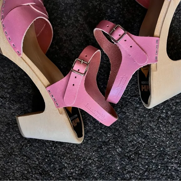 Rare pink Barbie Swedish Hasbeen high heel peep toe sandals wooden clogs