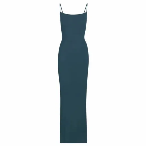 RARE Skims Ribbed Soft Lounge Long Slip Dress Maxi - Teal Blue Stretchy Knit