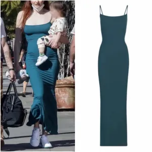 RARE Skims Ribbed Soft Lounge Long Slip Dress Maxi - Teal Blue Stretchy Knit