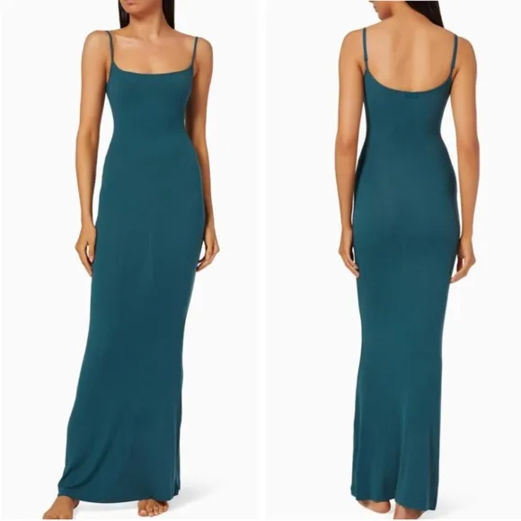 RARE Skims Ribbed Soft Lounge Long Slip Dress Maxi - Teal Blue Stretchy Knit