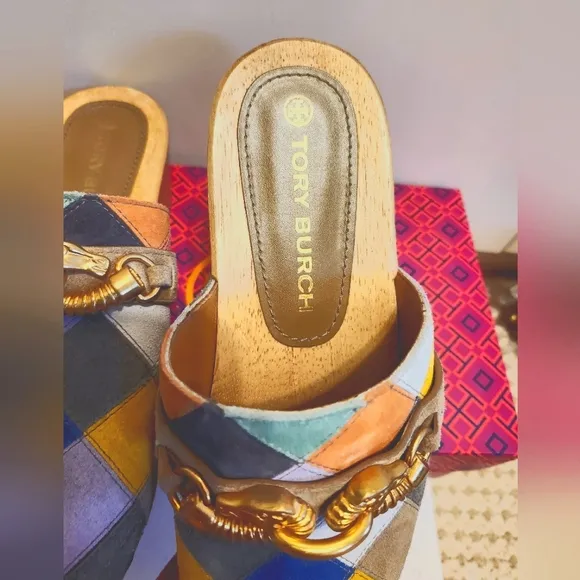 Rare! Tory Burch &quot;Jessa&quot; Multi-Color Patchwork Suede Horsehead Bit Clogs Sz.9