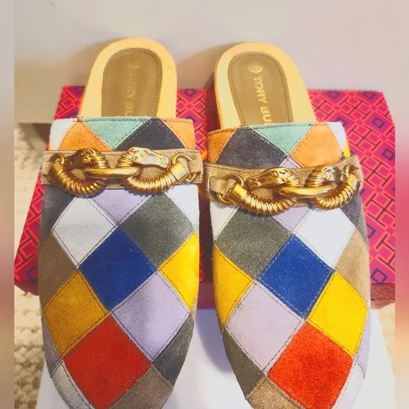 Rare! Tory Burch &quot;Jessa&quot; Multi-Color Patchwork Suede Horsehead Bit Clogs Sz.9