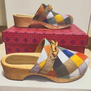 Rare! Tory Burch &quot;Jessa&quot; Multi-Color Patchwork Suede Horsehead Bit Clogs Sz.9