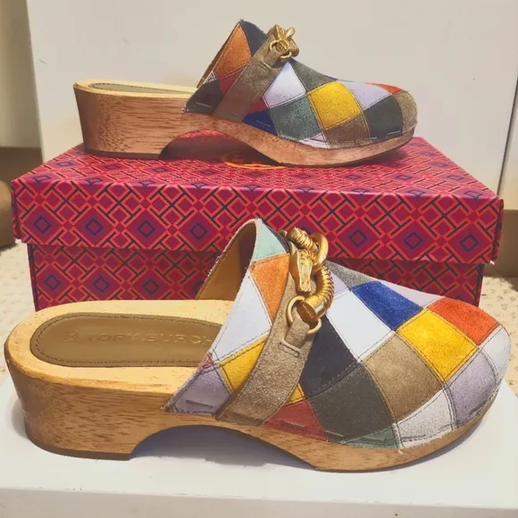 Rare! Tory Burch &quot;Jessa&quot; Multi-Color Patchwork Suede Horsehead Bit Clogs Sz.9