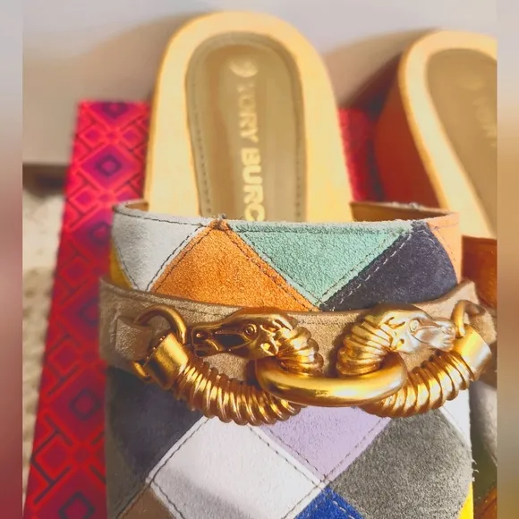 Rare! Tory Burch &quot;Jessa&quot; Multi-Color Patchwork Suede Horsehead Bit Clogs Sz.9