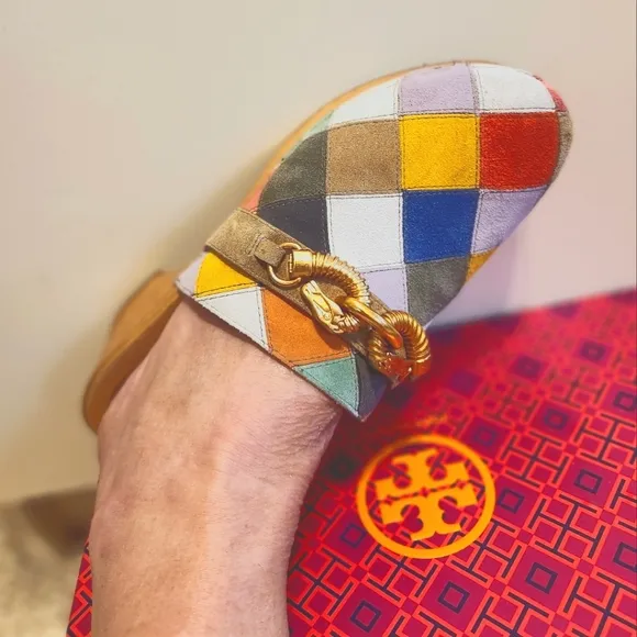 Rare! Tory Burch &quot;Jessa&quot; Multi-Color Patchwork Suede Horsehead Bit Clogs Sz.9