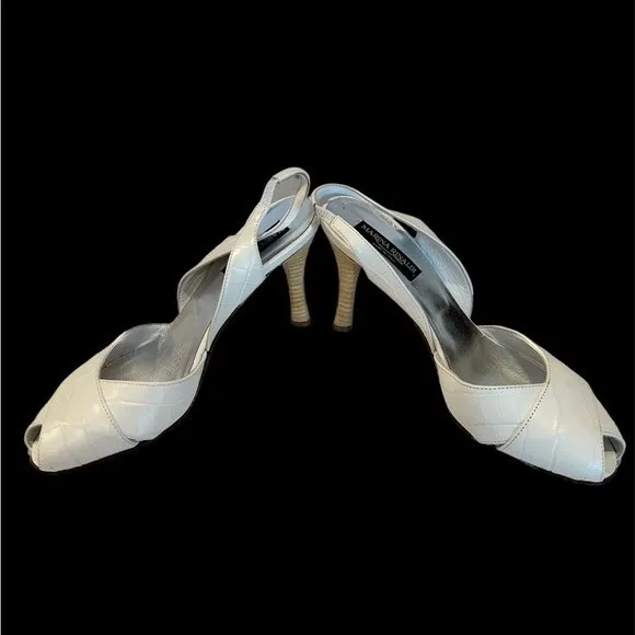 RARE VTG Marina Rinaldi White Patent Crocodile Pattern Peep Toe Slingbac…