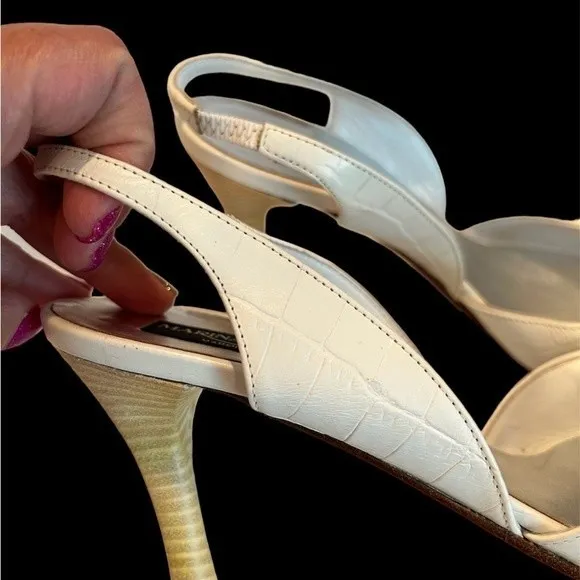 RARE VTG Marina Rinaldi White Patent Crocodile Pattern Peep Toe Slingbac…