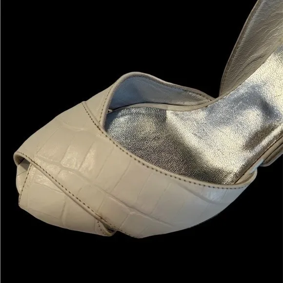 RARE VTG Marina Rinaldi White Patent Crocodile Pattern Peep Toe Slingbac…