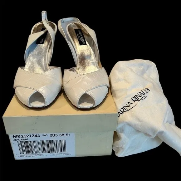 RARE VTG Marina Rinaldi White Patent Crocodile Pattern Peep Toe Slingbac…