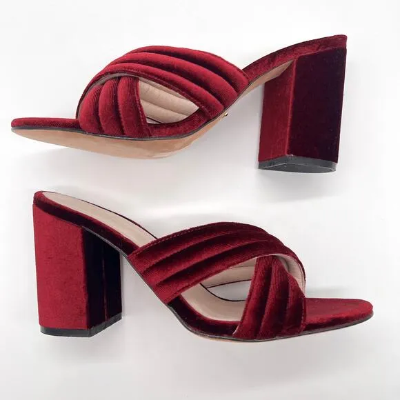 RAYE Bella Velvet Mules Womens 9 Wine Red Criss Cross Black Heel Sandal Anthro