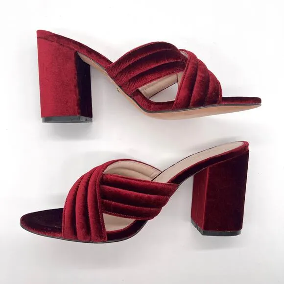 RAYE Bella Velvet Mules Womens 9 Wine Red Criss Cross Black Heel Sandal Anthro