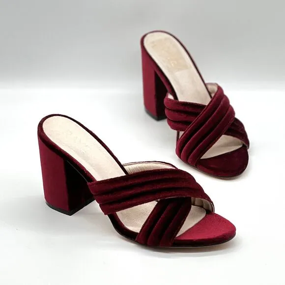 RAYE Bella Velvet Mules Womens 9 Wine Red Criss Cross Black Heel Sandal Anthro