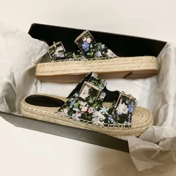 REBECCA MINKOFF JODI SANDAL BLACK FLOWER PRINT Slide Espadrilles Flat Mules sz 8