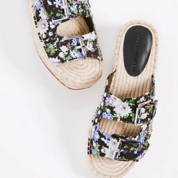 REBECCA MINKOFF JODI SANDAL BLACK FLOWER PRINT Slide Espadrilles Flat Mules sz 8