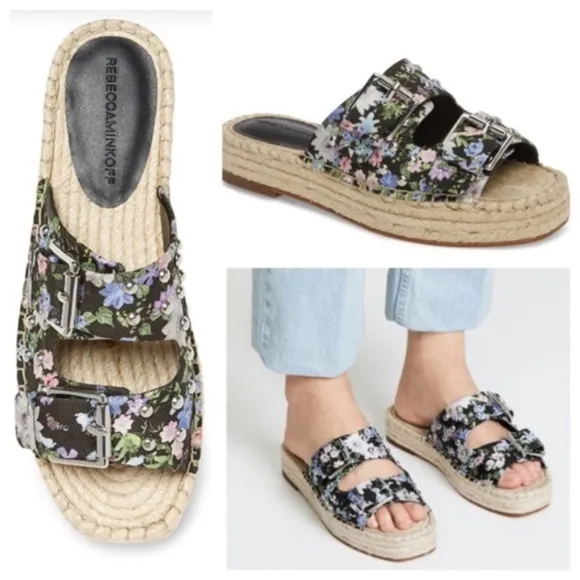 REBECCA MINKOFF JODI SANDAL BLACK FLOWER PRINT Slide Espadrilles Flat Mules sz 8