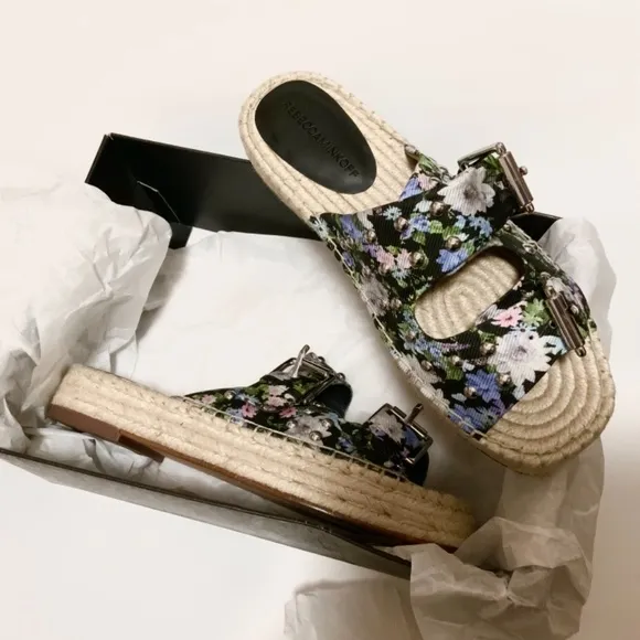 REBECCA MINKOFF JODI SANDAL BLACK FLOWER PRINT Slide Espadrilles Flat Mules sz 8