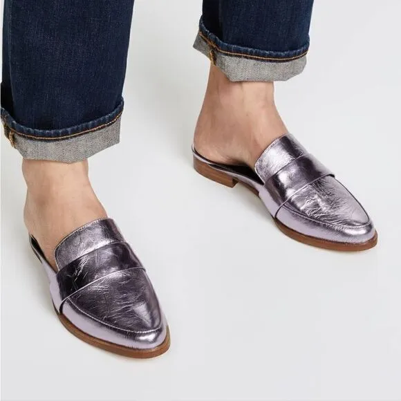 Rebecca Minkoff Mika Metallic Leather Mules Loafer Slides 8.5 w Dust Bag