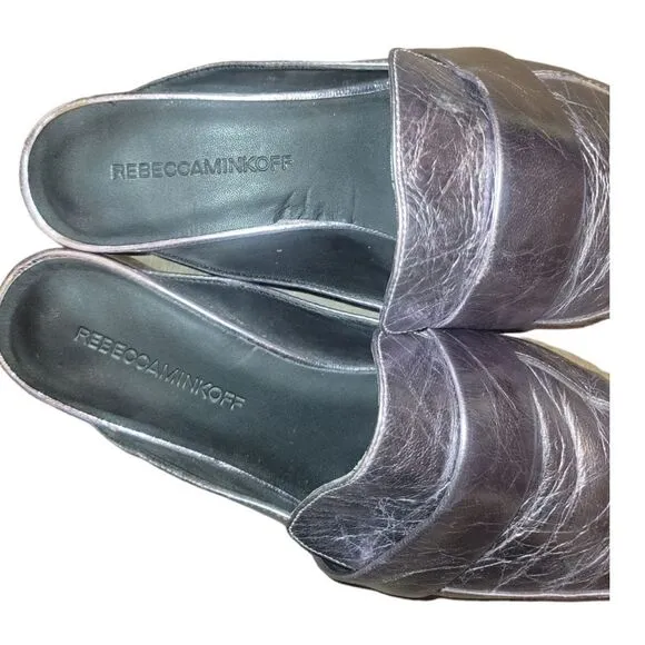 Rebecca Minkoff Mika Metallic Leather Mules Loafer Slides 8.5 w Dust Bag