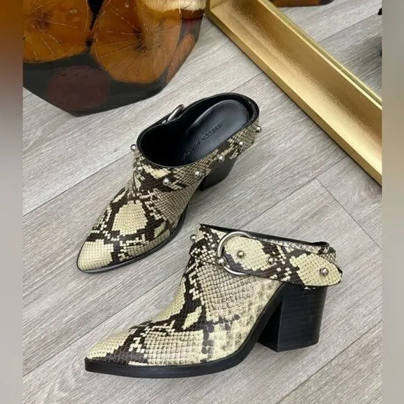Rebecca Minkoff Sallest Too Block Heel Mules in Snakeskin, Size 7.5