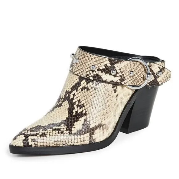 Rebecca Minkoff Sallest Too Block Heel Mules in Snakeskin, Size 7.5