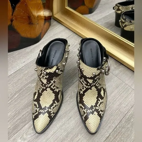 Rebecca Minkoff Sallest Too Block Heel Mules in Snakeskin, Size 7.5