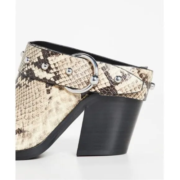 Rebecca Minkoff Sallest Too Block Heel Mules in Snakeskin, Size 7.5
