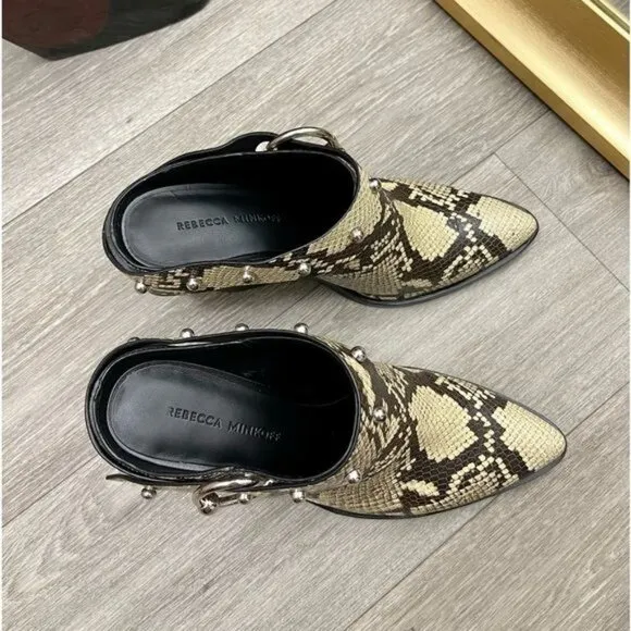 Rebecca Minkoff Sallest Too Block Heel Mules in Snakeskin, Size 7.5
