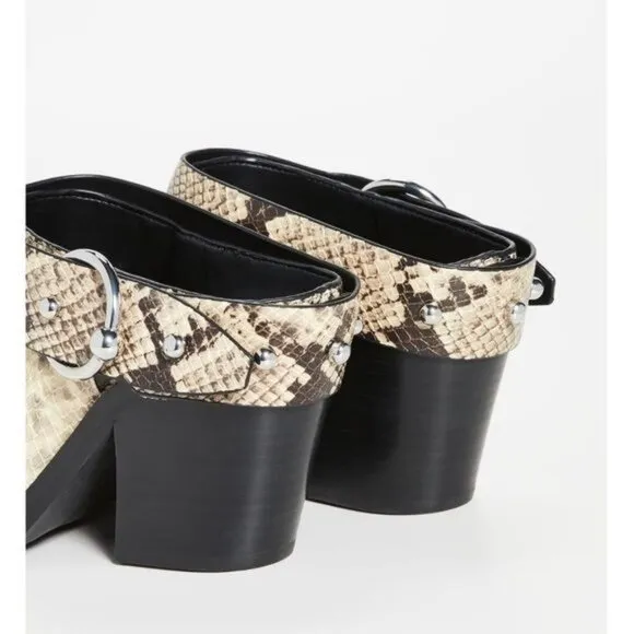Rebecca Minkoff Sallest Too Block Heel Mules in Snakeskin, Size 7.5