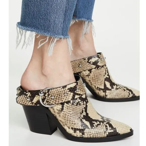 Rebecca Minkoff Sallest Too Block Heel Mules in Snakeskin, Size 7.5