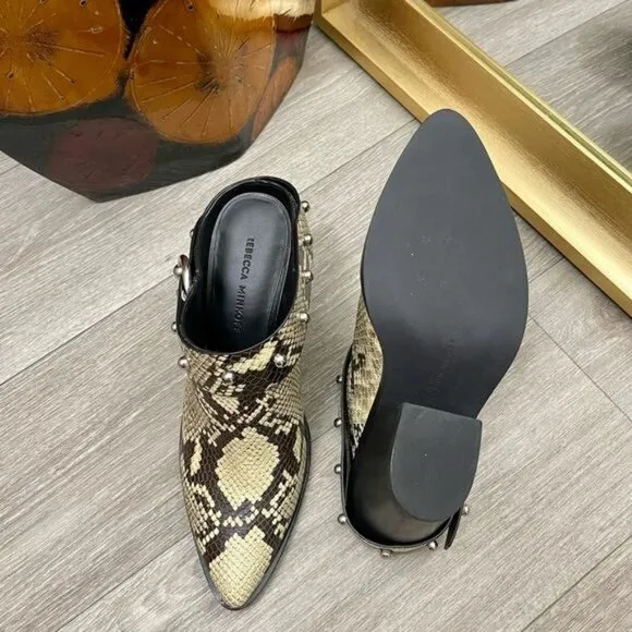 Rebecca Minkoff Sallest Too Block Heel Mules in Snakeskin, Size 7.5