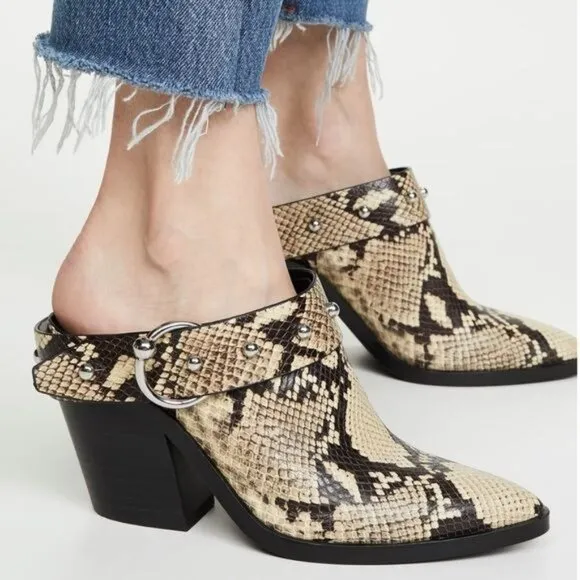 Rebecca Minkoff Sallest Too Block Heel Mules in Snakeskin, Size 7.5