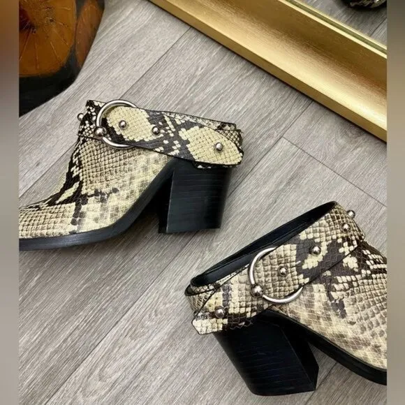 Rebecca Minkoff Sallest Too Block Heel Mules in Snakeskin, Size 7.5