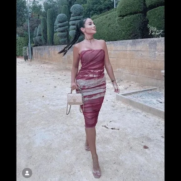 RED MARBLE TULLE CORSET MIDI DRESS ZARA MARBLE