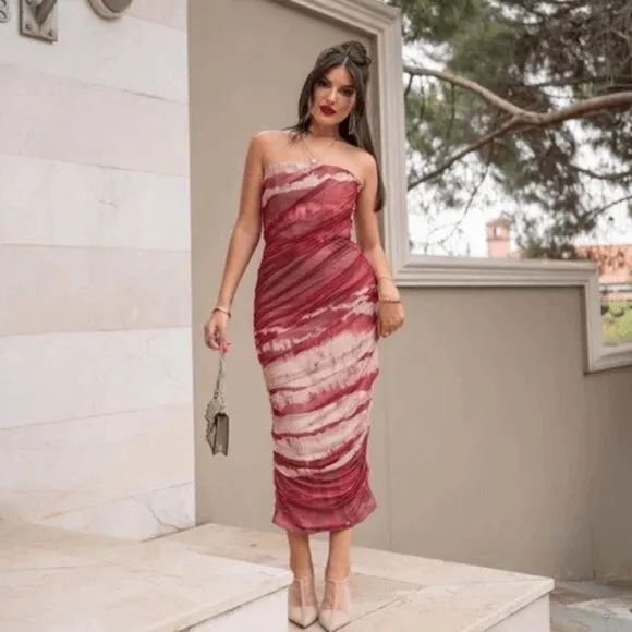 RED MARBLE TULLE CORSET MIDI DRESS ZARA MARBLE