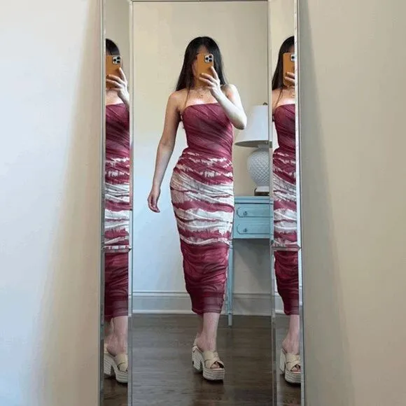 RED MARBLE TULLE CORSET MIDI DRESS ZARA MARBLE