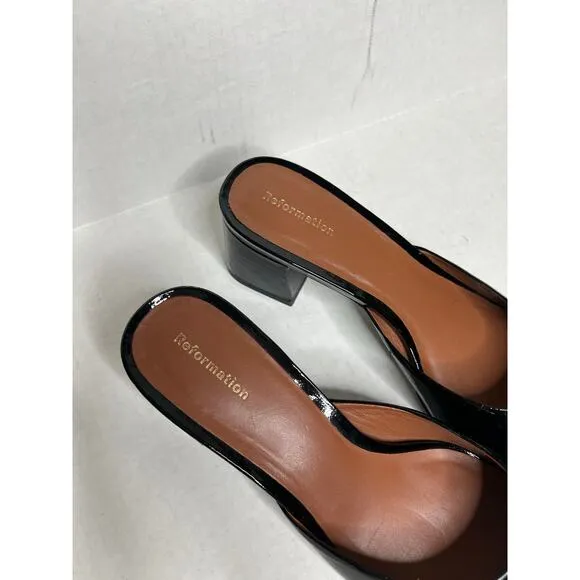 Reformation Patent Leather Marina Block Heel Mules In Color Black Size 7